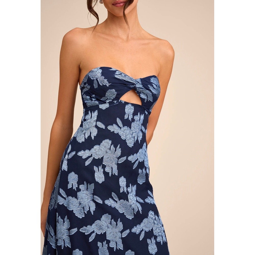 Lulus Danae Navy Blue Floral Jacquard Strapless Maxi Dress Keyhole Small 2962